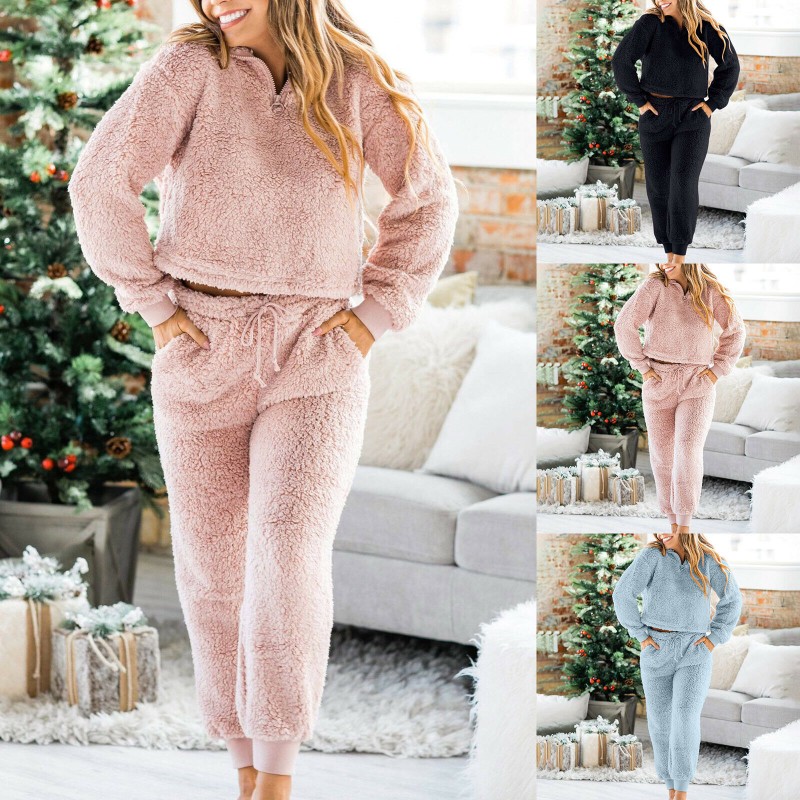 Women Pajamas Long Pants Teddy Bear Fleece Winter Soft Lounge Suit Sleepwear Set