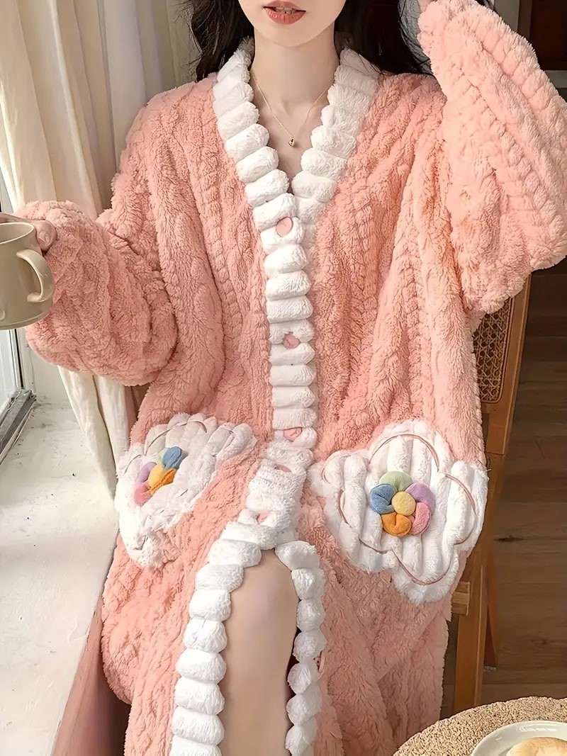 Flower Decor Fuzzy Night Robe, Cute Long Sleeve V Neck Robe With Pockets, Women's Sleepwear