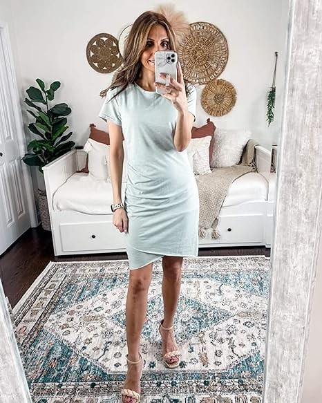 BTFBM Women's 2024 Summer Casual Beach Dresses Crew Neck Short Sleeve Wrap Party Club Mini Ruched Bodycon T Shirt Dress