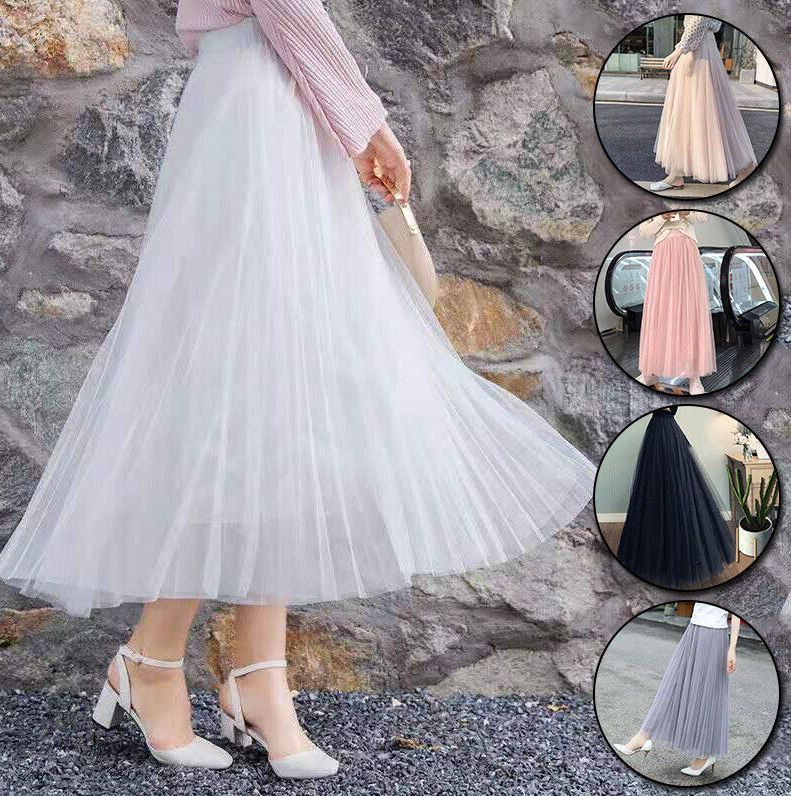 Women Tulle Skirt Elastic Pleated High Waist Layers Maxi Long Dress Fashion