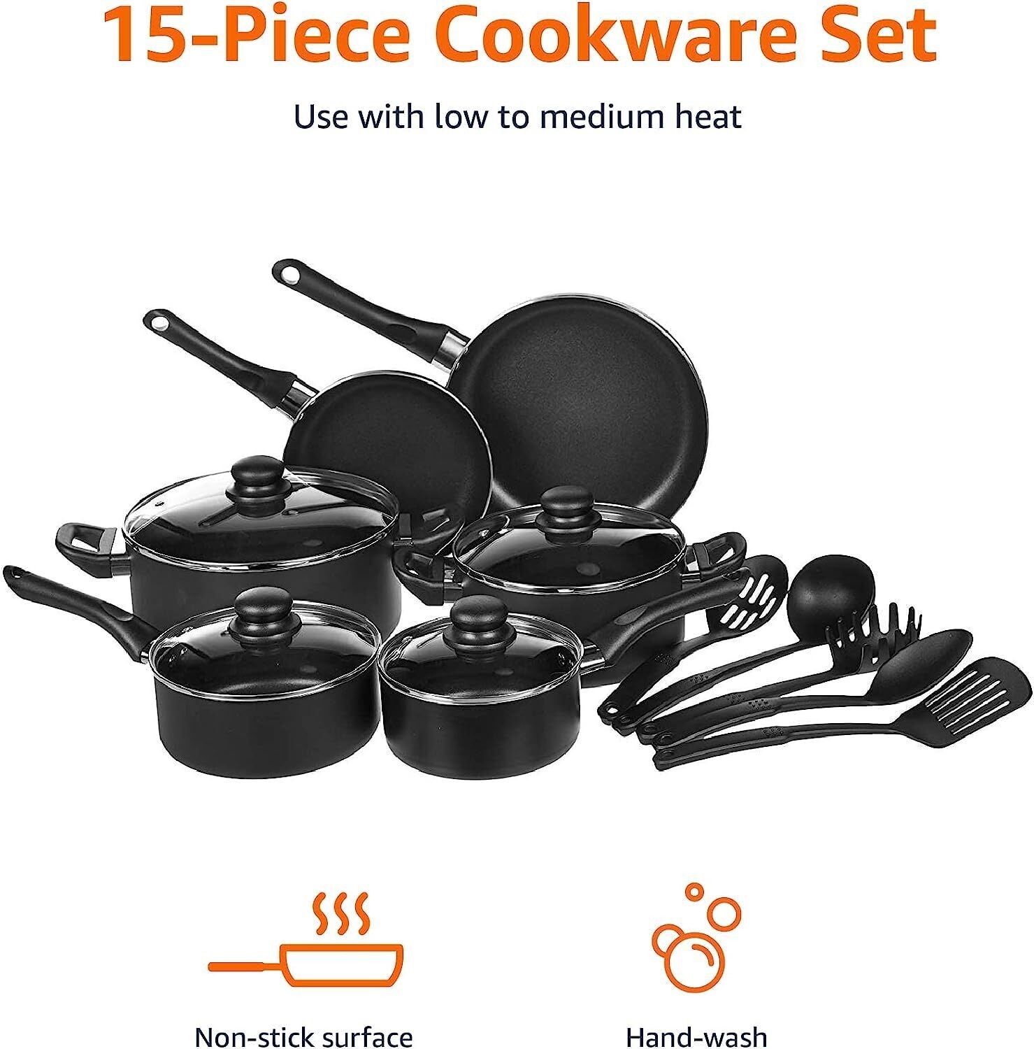 15-PIECE NON-STICK COOKWARE SET Home Kitchen Cooking Pots Pans Utensils Black US