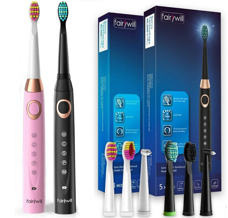 Fairywill Electric Sonic Toothbrush x 2 Rechargeable 2 Min Timer Black & Pink